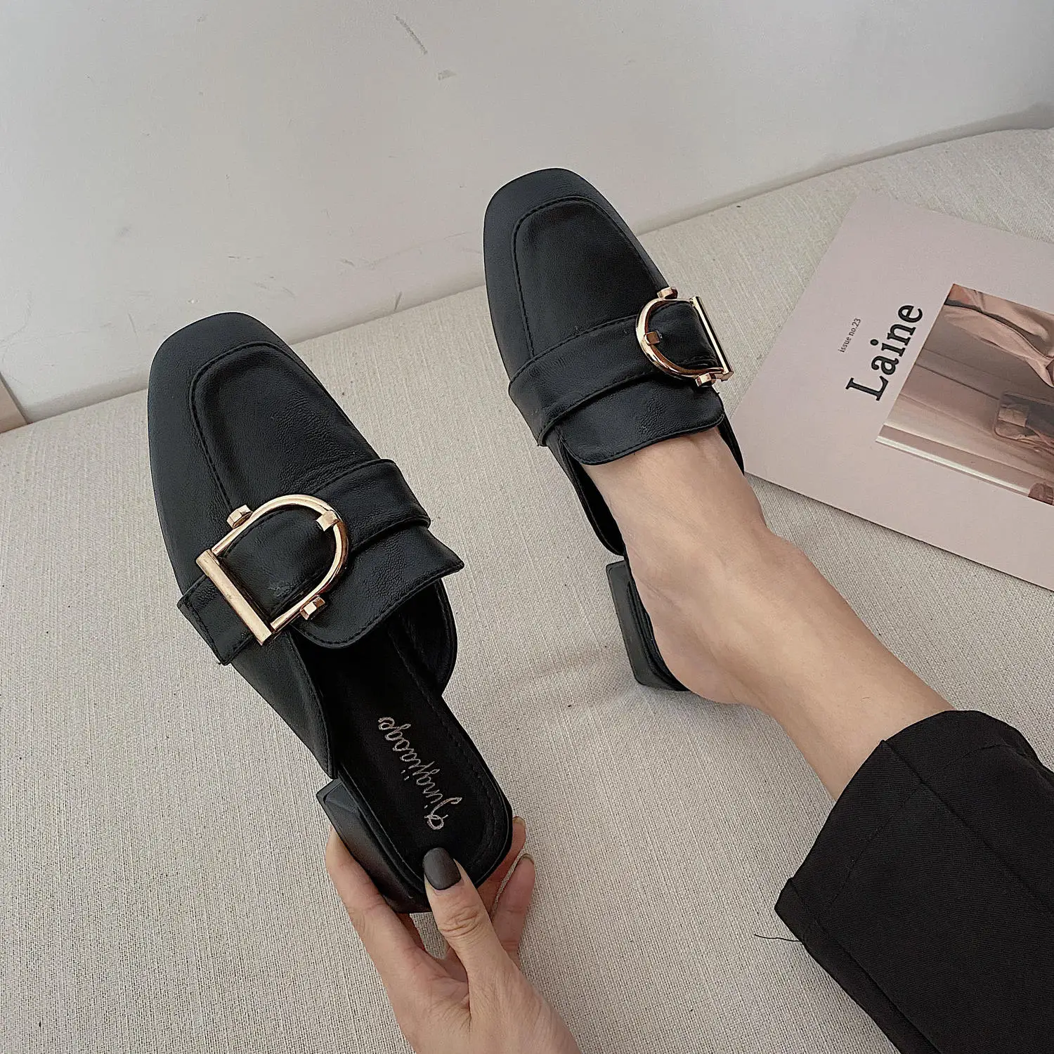 

Shoes Woman 2020 House Slippers Platform Rivet Slipers Women Square Toe Luxury Slides Low Female Mule New Soft Designer Block