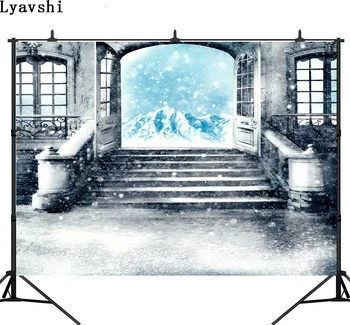 

Lyavshi photography background winter wonderland Frozen palace balcony snow Christmas mountain backdrop photocall photobooth