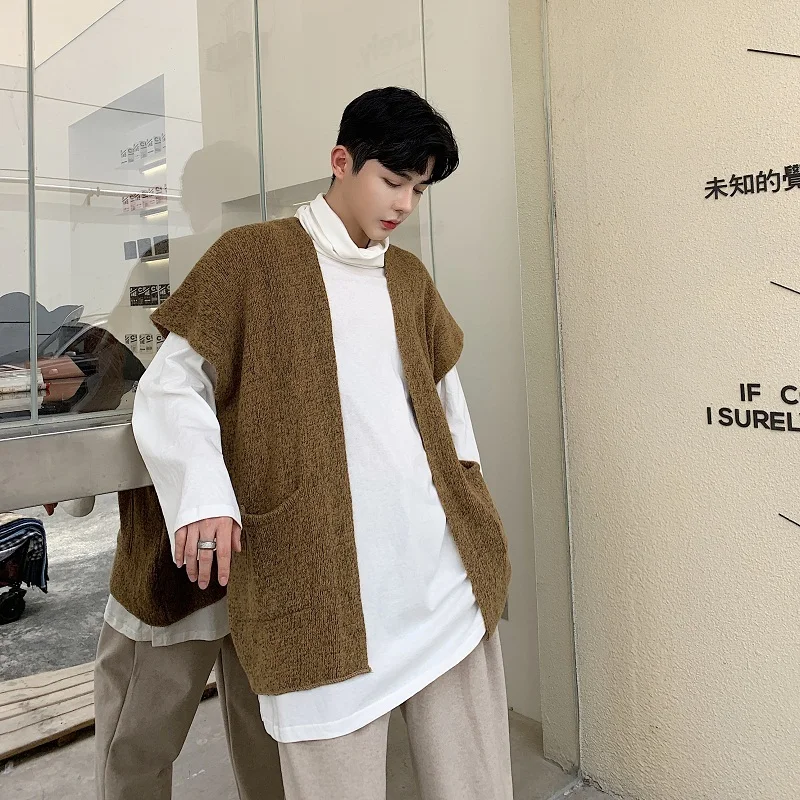 

Winter New Sweater Cardigan Men Fashion Solid Color Casual Knit Pullover Vest Man Streetwear Hip Hop Loose Sleeveless Sweater