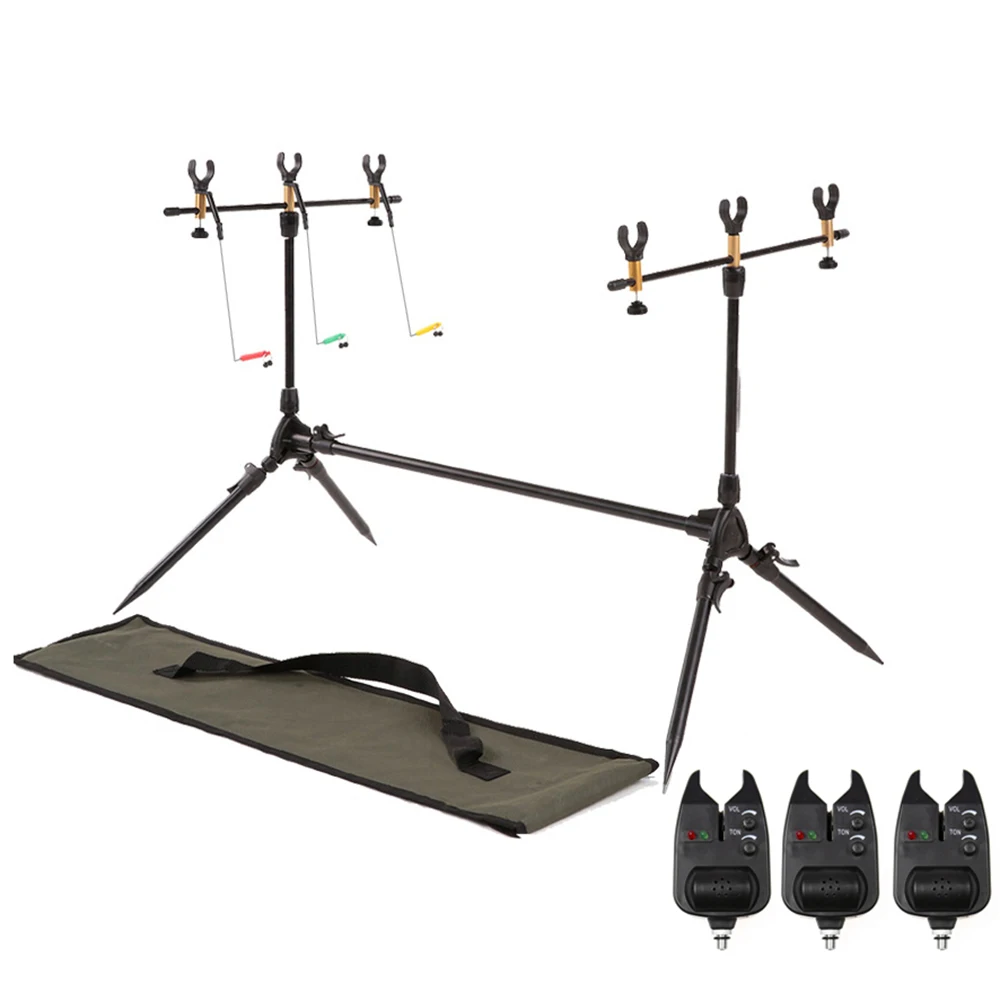 

Adjustable Retractable Carp Fishing Rod Pod Stand Holder Fishing Pole Pod Stand with 3 Bite Alarms and Swingers Indicators
