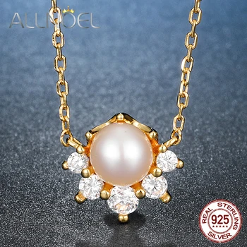 

ALLNOEL Real 925 Sterling Silver necklace for Women Freshwater pearl Gemstone silver 925 jewelry Handmade Wedding Gift Gold