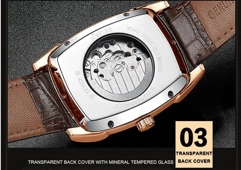 Прямоугольное, прозрачное часы Tourbillon, мужские механические часы с автоматической обмоткой, кожаные Наручные часы, водонепроницаемые часы Montre Moon Phase