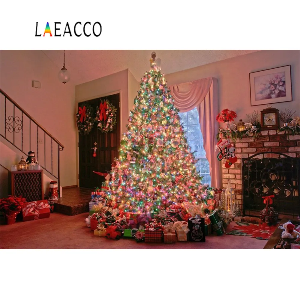 

Laeacco Living Room Christmas Tree Gift Fireplace Baby Toys Party Interior Photo Backgrounds Photography Backdrop Photo Studio
