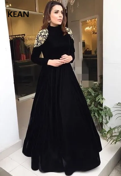 

Velour Muslim Evening Dress Full Sleeve Gold Beads Floor Length Islamic Dubai Kaftan Saudi Arabic Prom Dress vestidos
