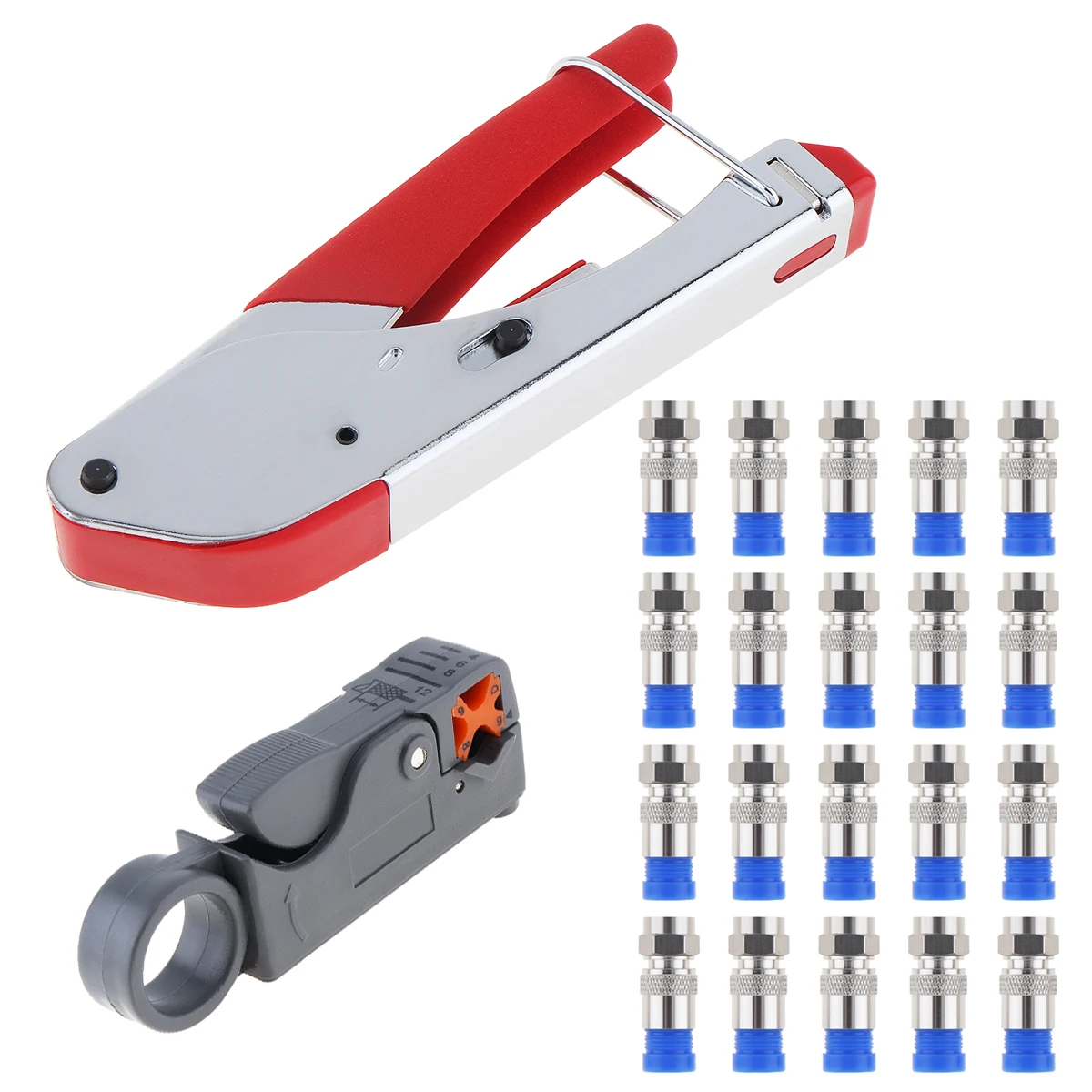 

22pcs/set Coaxial Cable Crimping Stripping Pliers Wire Stripper Combination Tool with Squeezing Plier and 20 Piece F Connector