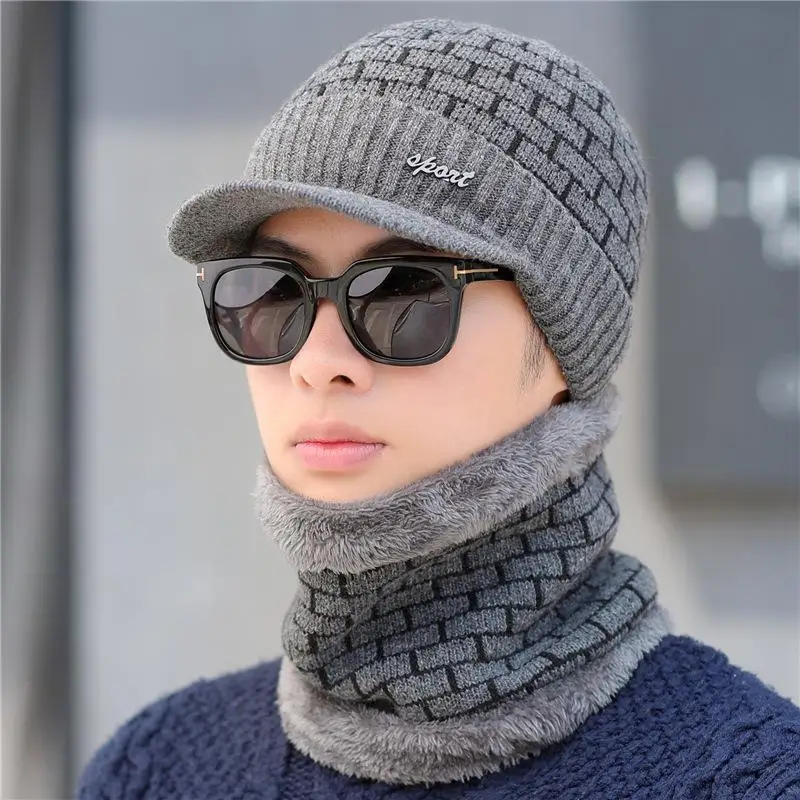 COKK зимняя шапка набор Мужская мода Skullies Beanies клетчатый узор вязаная одноцветная шапка и шарф женский теплый комплект добавить бархат защита ушей - Цвет: Gray