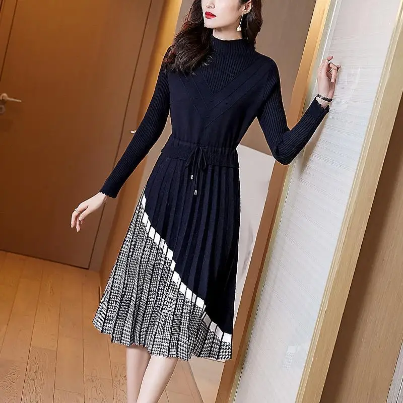 

Elegant Knitted Sweater Dress Female Autumn Winter Dress Long Sleeve Pullover Half Turtleneck Sweater Office Lady Mid Long Dress