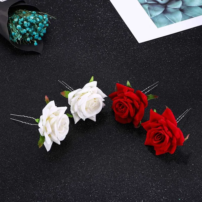 High Fashion U Shape Red White Artificial Rose Flower Hair Pins Sticks Clips  Bride Noiva Bridal Wedding Party Headpieces