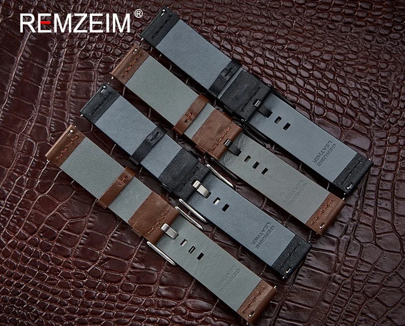 Кожаный ремешок REMZEIM 18 мм 20 22 24 для часов Amazfit Huawei GT Galaxy Watch 42 46 Gear S3 Quick Release|Ремешки