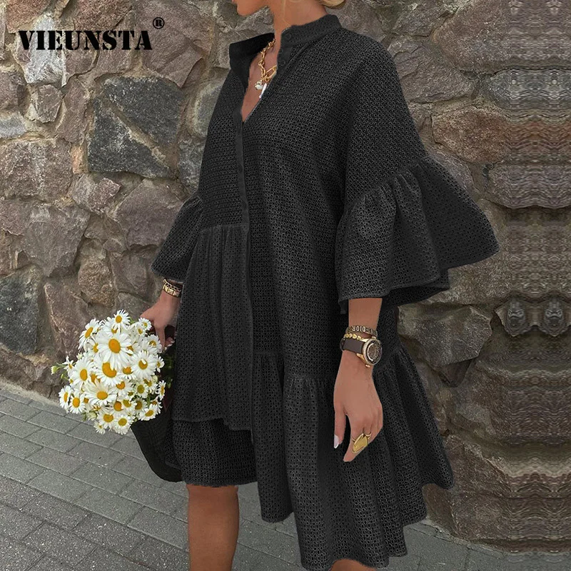 Autumn 3/4 Butterfly Sleeve Irregular Party Dress Women Button Stand Collar Ruffle Mini Dress Elegant Solid Loose Vintage Dress Autumn 3/4 Butterfly Sleeve Irregular Party Dress Women Button Stand Collar Ruffle Mini Dress Elegant Solid Loose Vintage Dress