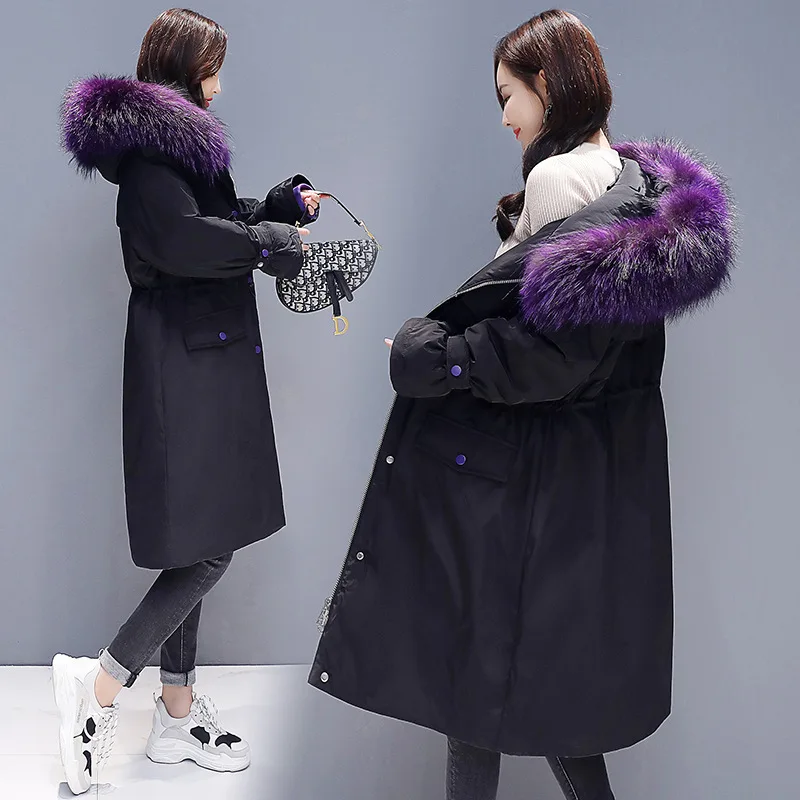 

Black And White with Pattern Large Fur Collar Cotton-padded Clothes Women's Mid-length 2018 Winter New Style Korean-style Thick