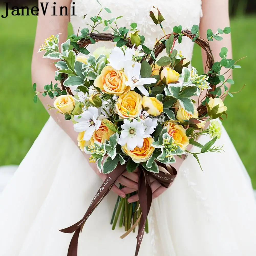 JaneVini Yellow Heart-shaped Brides Bouquet Wedding Flowers Silk Rose Artificial Bridal Bouquets Handle Brooches ramo rosas