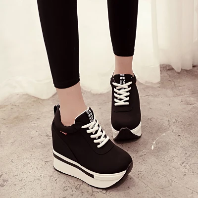Tleni/женские кроссовки, визуально увеличивающие рост; дышащие кроссовки на танкетке со шнуровкой; обувь на платформе; парусиновая женская спортивная обувь; ZK-69 - Цвет: Черный