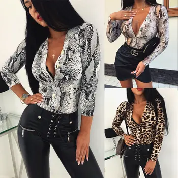 

2020 New Womens Long Sleeve Leopard Skin Prinetd Bodysuit Autumn Casual Jumpsuit Bodysuit Slim V Neck Leotard Tops Fashion