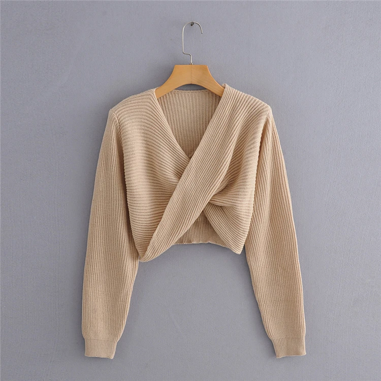 

2020 New Crop Tops Women Knitted Sweaters Autumn Winter V Neck Ladies Warm Pullover Vintage Sexy Short Style