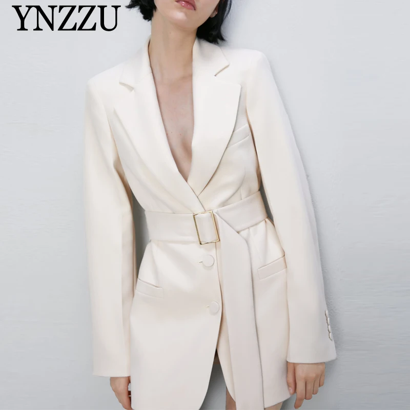 

2019 New arrival Beige Women blazer With belt lapel collar Female suit Slim sexy Office ladies Jacket Autumn Spring YNZZU YO971