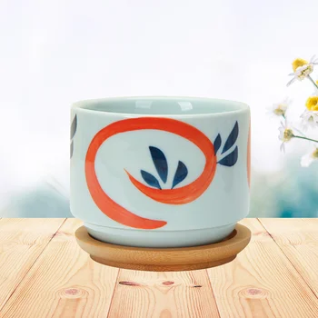 

Ceramic Succulent Planter with Clear Hand Painting and Bamboo Tray for Home Decoration(Style A)