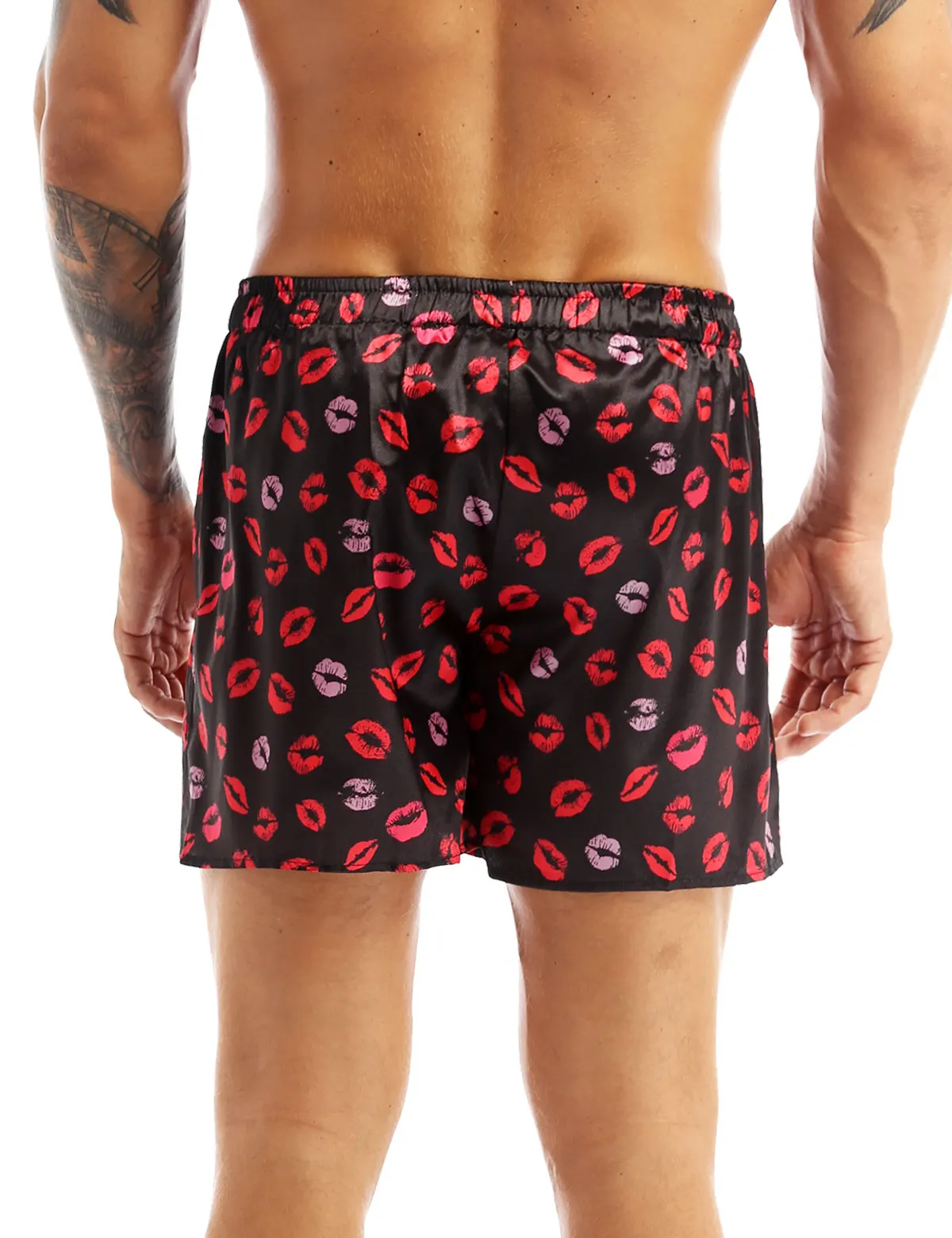 Men Silk Satin Boxer Shorts Summer Lip Love Heart Print Loose Lounge Sports Shorts Pajamas