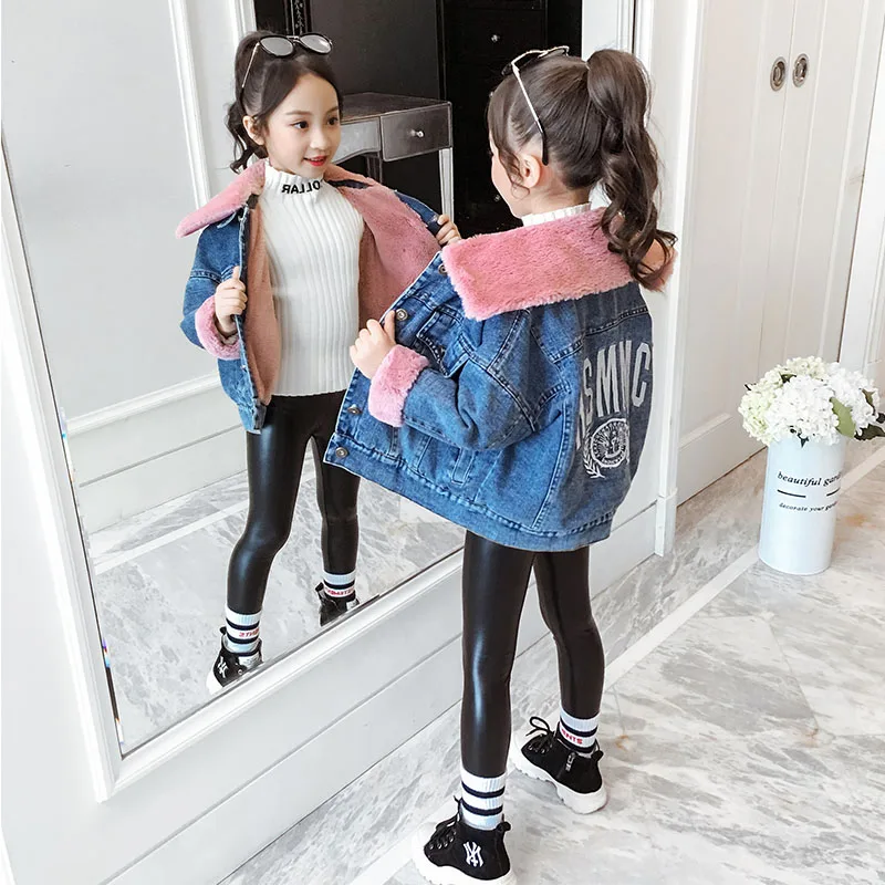 girls coats winter kurtka zimowa dla dziewczynki Faux fur inner and collar denim Jacket FashionPrint on back 10 ans 12 ans
