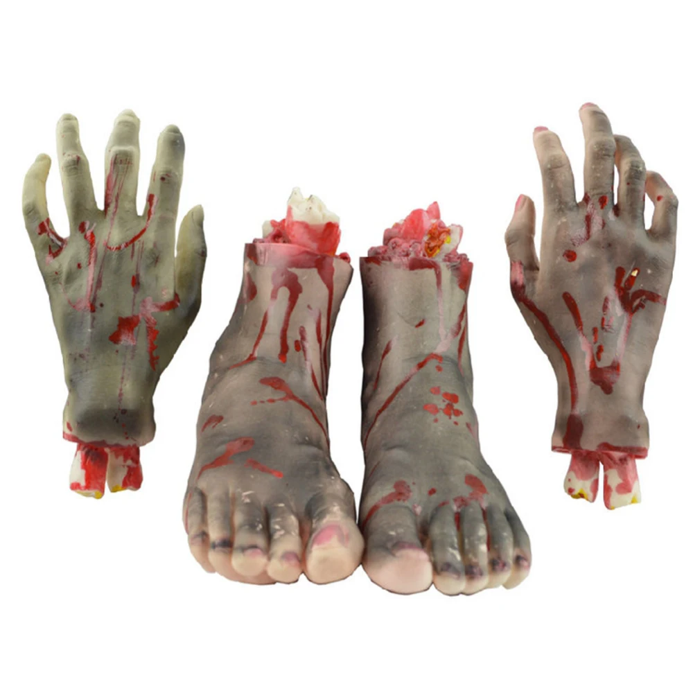 

4 PCS Halloween Decoration Props Soft Rubber Scary Bloody Broken Body Parts Scary Halloween Horror Severed Hands Feet Sets New