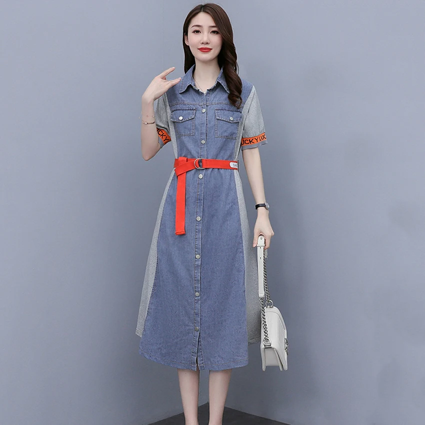 

2021 High Street Casual Long Shirt Dress Women Short Sleeve Single Breasted Vintage Denim Dresses Korean Jeans Dress Summer