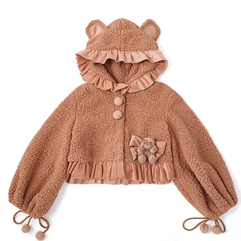 

Japanese Style Sweet Bear Plush Coat Women Lolita Coat Girls Students Hooded Coat Coffee Winter Warm Lolita Outwear Cute