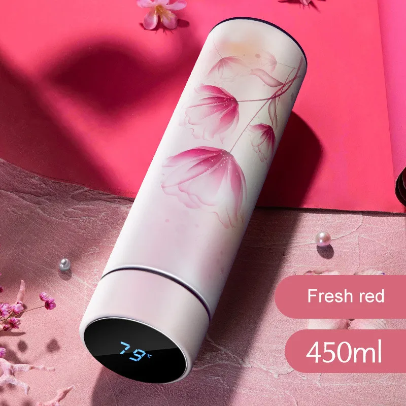 Fresh red 450 мл Термос Термосы с дисплеем температуры 304 нержавеющая сталь бутылка для воды дорожная кофейная кружка 6-12 часов прямая чашка - Цвет: Fresh red