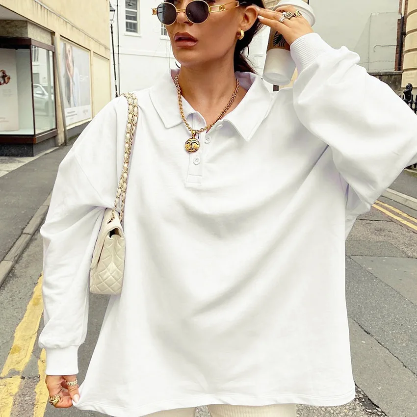 

Spring/Autumn POLO Collar Ladies White Pullover Sweater Casual Sweatshirt Loose Long Sleeve INS Youth College Pullover ButtonTop