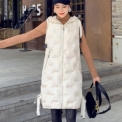 Beige Однотонная вышивка зимний жилет с капюшоном пальто Женская Корейская утепленная теплая куртка без рукавов Женский Плюс Размер Длинный жилет верхняя одежда - Цвет: Beige