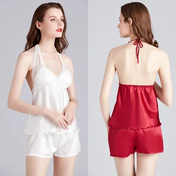 

V-Neck Backless Pajamas Lace Women Sleeveless Sleep Set Silky Strap Top Shorts Pants Nightgown Sexy Lounge Pijamas Suit Homewear