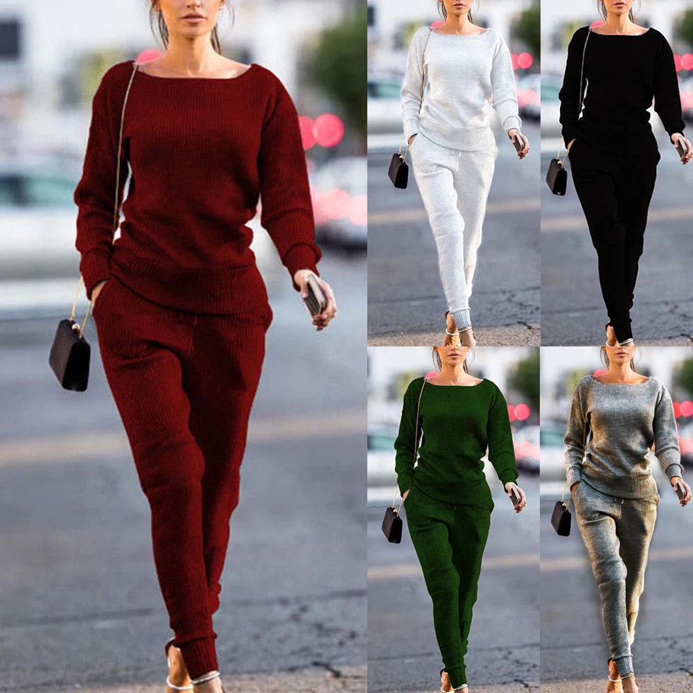 

WENYUJH 2019 New Spring Autumn Winter Lossky Slim Women Knitted Suit Casual Track Suits O-neck Long Sleeve Ladies Sports Suits