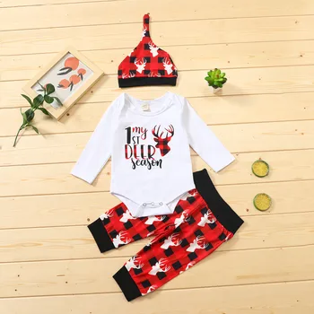 激安 私1stクリスマス幼児女の赤ちゃん服男の子手紙ロンパース長袖トップス + チェック柄パンツ + 帽子衣装bebes