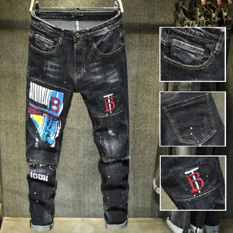 

New Style Popular Brand Printed Embroidered Jeans Men's Elasticity Hip Hop Street Beggar with Holes [QQ Group: 58411717