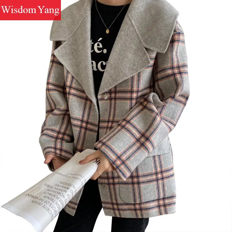 

Winter Wrap Coats Women Sheep Wool Coats Grey Khaki Plaid Short Coat Bodycon Korean Woolen Plus Size Jackets Overcoat Outerwear