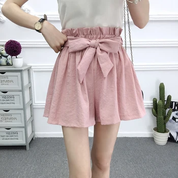 

New Women Wide Leg Summer Shorts Clothes Casual Elastic Waist Trousers Jersey Walk Party Wear Pantalon Femme Bow Tie Trousers