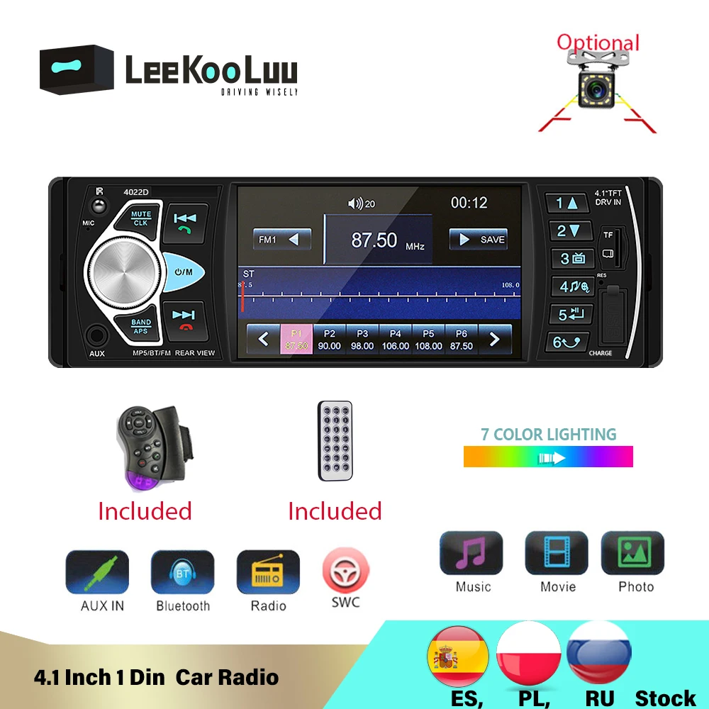 

LeeKooLuu Auto Radio 1 Din 4.1 Inch Autoradio Car Multimedia Player Bluetooth AUX USB TF FM Radio Remote Steer Wheel Control