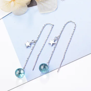 

925 Sterling Silver Star Crystal Round Ball Drop Earrings For Women Simple Earring Link Chain Fashion Jewelry eh866