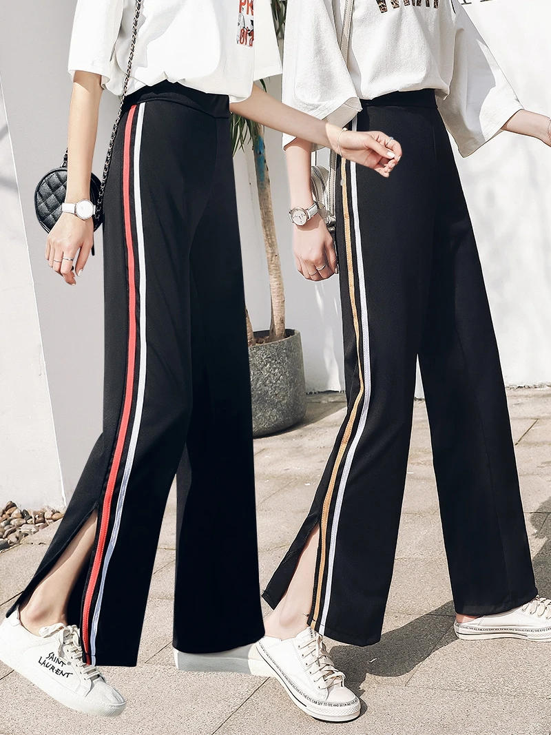 2020 Korean Casual Wide Leg Pants Split Capris Side Stripe Harajuku Trousers for Women BF High Waist Pants S-XL Dropship 2020 Korean Casual Wide Leg Pants Split Capris Side Stripe Harajuku Trousers for Women BF High Waist Pants S-XL Dropship