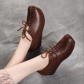 

2019 Autumn Winter Flat Platform Woman Shoe Handmade Genuine Leather Loafers vintage Comfortable Shoes for Women