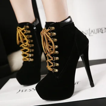 

Sexy Ultra High Heels Women Winter Boots Round Toe Cross-tied Lace-up Leather Ankle Bottes Lady Martin Short Booties