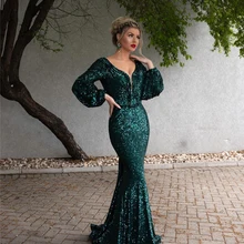 Зеленые мусульманские Вечерние платья Длинные с v-образным вырезом и Длинными Рукавами Сексуальные с открытой спиной Вечерние платья Русалка vestido de festa Longo