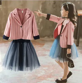 

2019 Korean style girls 2 pcs set cotton coat+vest dress fashion autumn girls suit 4-9t C265