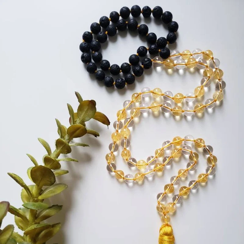 108 Mala Beads ожерелье s C-itrine прозрачное Q-uartz Lava Rock ожерелье целебные ювелирные изделия для медитации ожерелье с кисточкой ручной вязки
