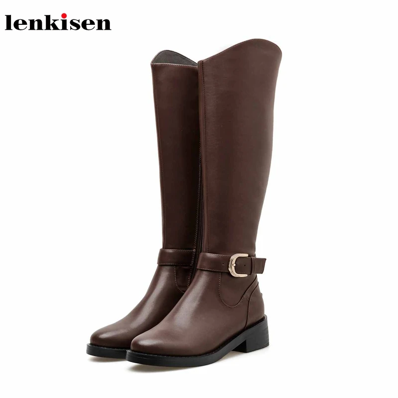 

Lenkisen fashion popular knight boots ankle buckle genuine leather med heels round toe zip solid winter warm knee high boots L90