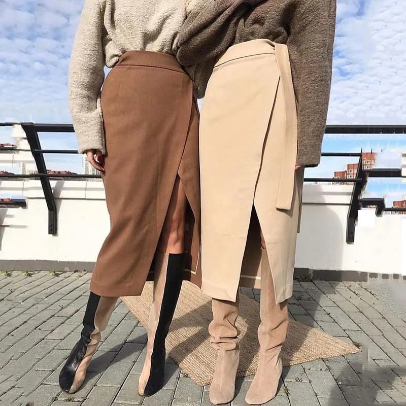

Womens Suede Long Skirt Autumn Winter Irregular Slit Female Brown Thick Warm Clothes 2019 Fall Lace-up Wrap Office Skirts