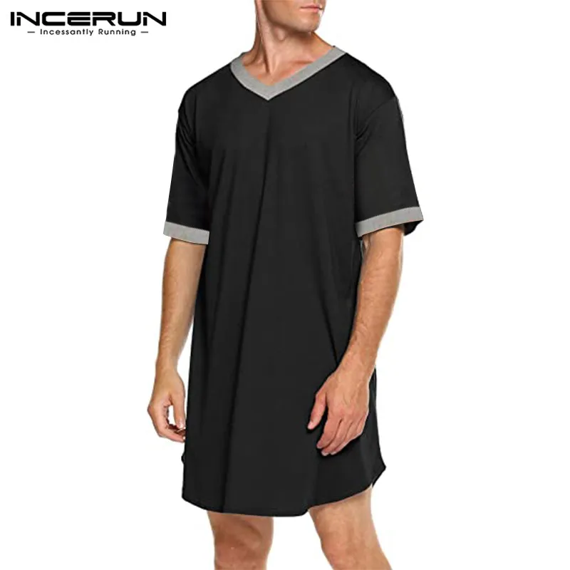 Flannel Robe Men Sleep Robes Nightgown Short Sleeve V Neck Loose Homewear Comfortable Patchwork Mens Bathrobes Dressing Gown S-5XL