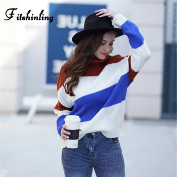

Fitshinling Casual New Women's Turtleneck Sweaters Contrast Color Striped Winter Pullovers Knitwear Basic Boho Jumper Sweater