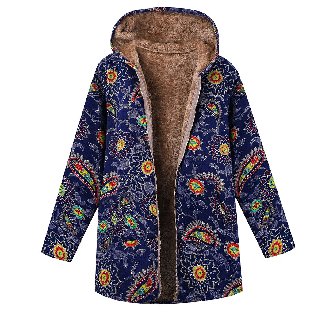 Womail/женская зимняя теплая куртка с капюшоном и цветочным принтом; на молнии с этническим принтом; флисовая куртка с длинными рукавами; большие размеры