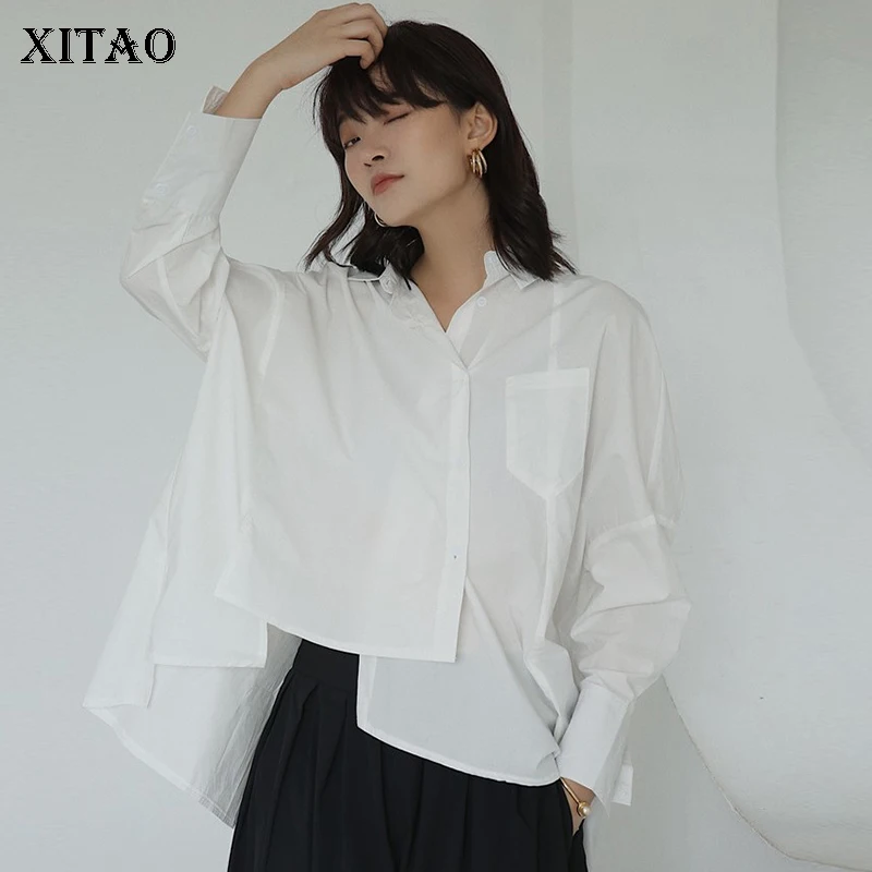 

XITAO Vintage Irregular Pocket Shirt Turn Down Collar Single Breasted Long Sleeve Korean Style Blouse Women 2019 Autumn WQR1909