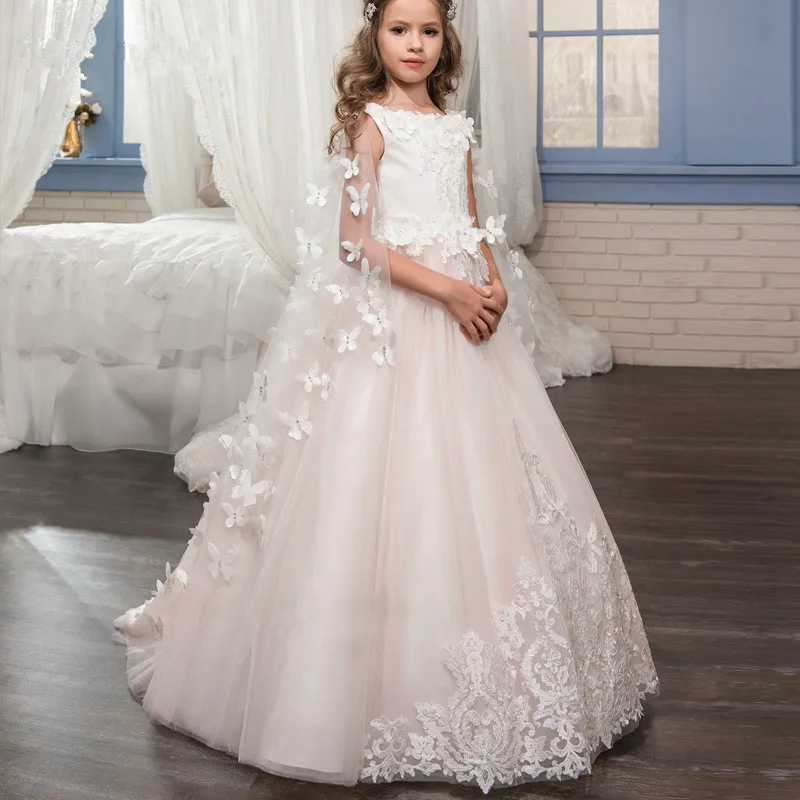 29 Lace Scoop Neck Flower Girls Dress for Wedding with Cape 3D Butterflies Girls First Communion Dress Birthday Gown